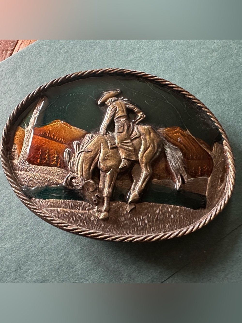 Gorgeous Vintage Brass Western Cowboy Horse Oval Belt Buckle